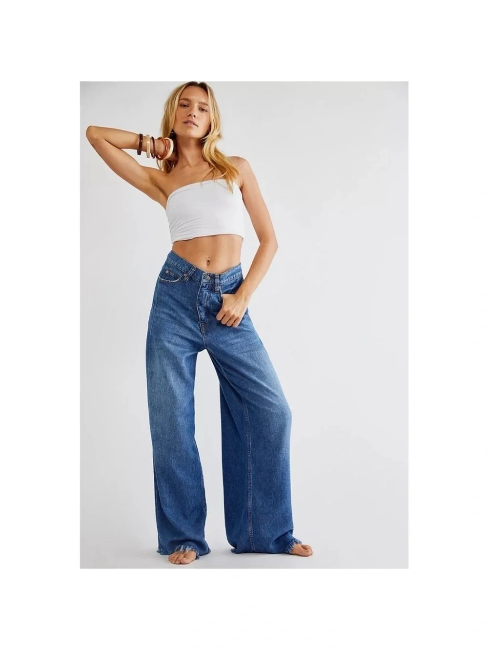 Free People Old West Slouchy Wide Leg Jeans Blue 24 SHORT